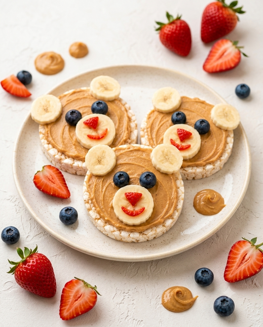 Galil rice cakes topped with peanut butter and fruit arranged as bear faces on a plate with strawberries and blueberries.