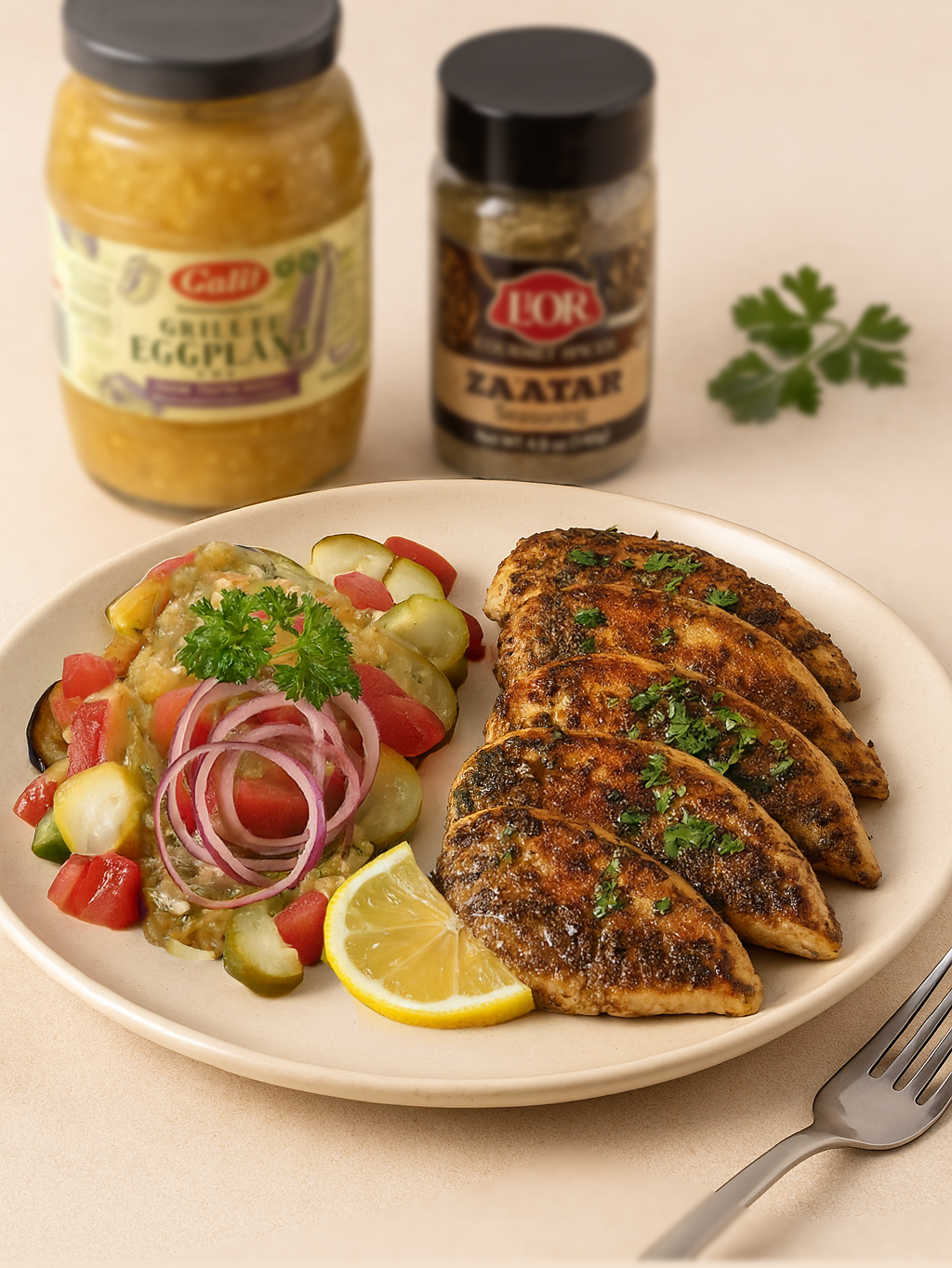 Za’atar Grilled Chicken with Pickle & Grilled Eggplant Salad