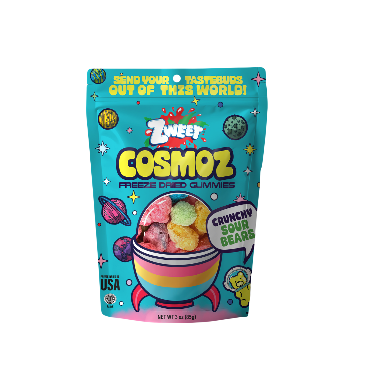 a bag of Zweet Cosmoz Freeze Dried Gummies Crunchy Sour Bears