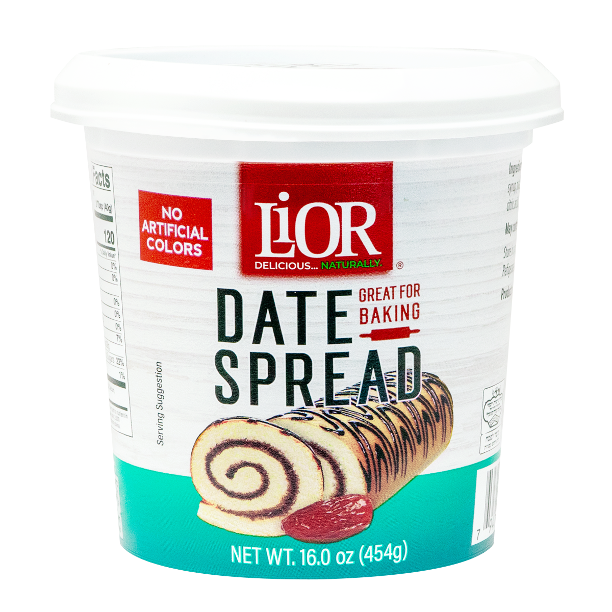 Lior Date Spread in a white plastic tub, labeled great for baking with no artificial colors.