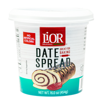 Lior Date Spread in a white plastic tub, labeled great for baking with no artificial colors.