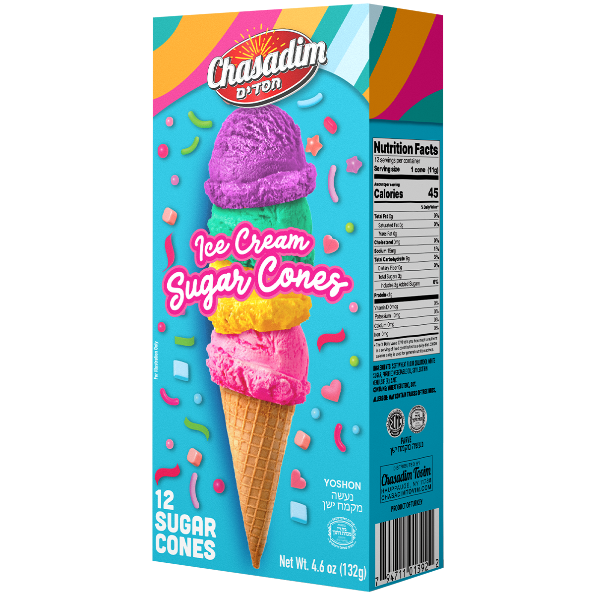 Chasadim D’Ton Ice Cream Sugar Cones box with colorful scoops and sprinkles on a bright blue background.