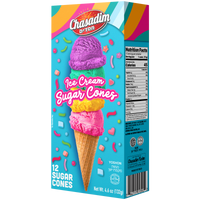 Chasadim D’Ton Ice Cream Sugar Cones box with colorful scoops and sprinkles on a bright blue background.