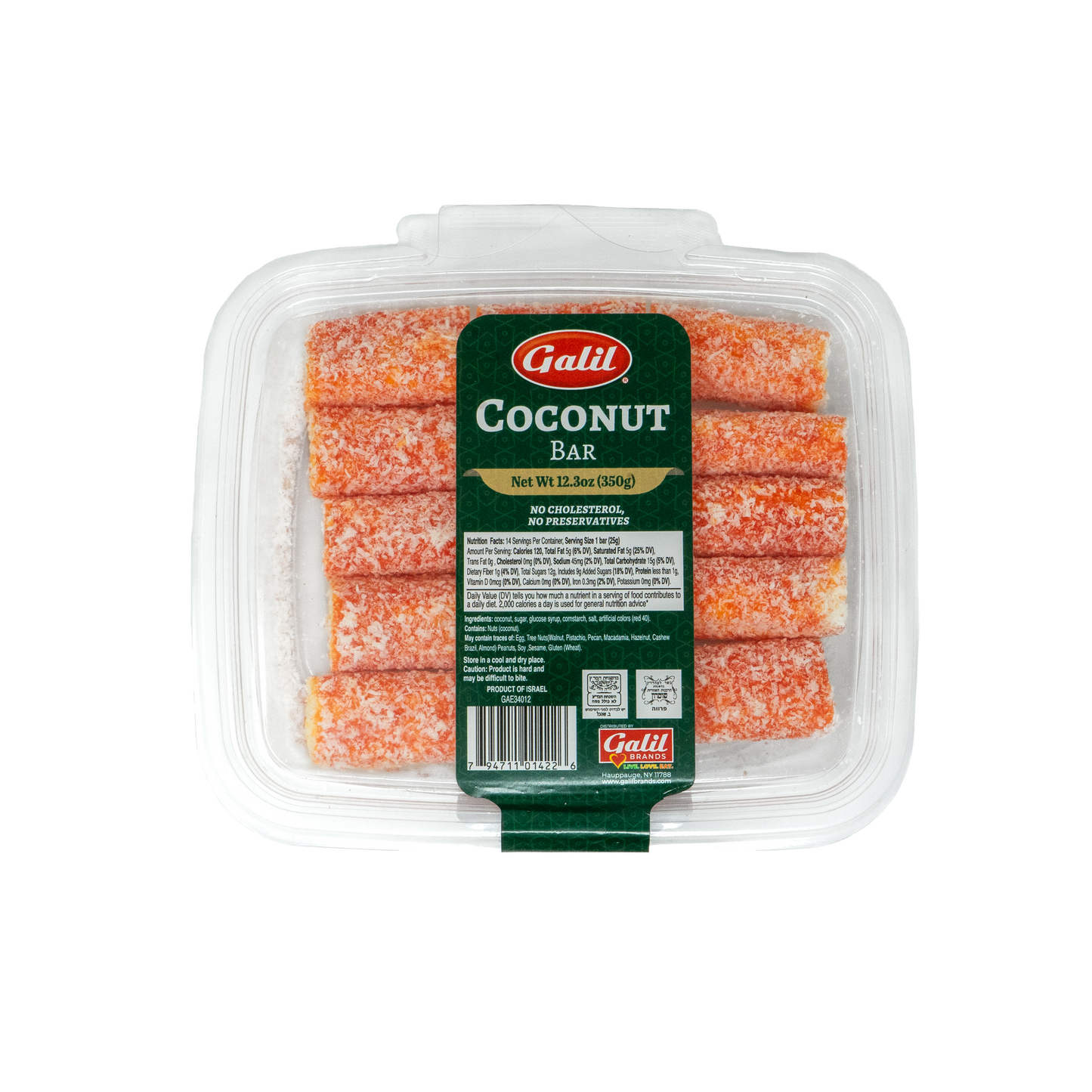 Galil Coconut Bar in a clear plastic container with red coconut sticks and green product label on top.