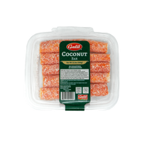 Galil Coconut Bar in a clear plastic container with red coconut sticks and green product label on top.