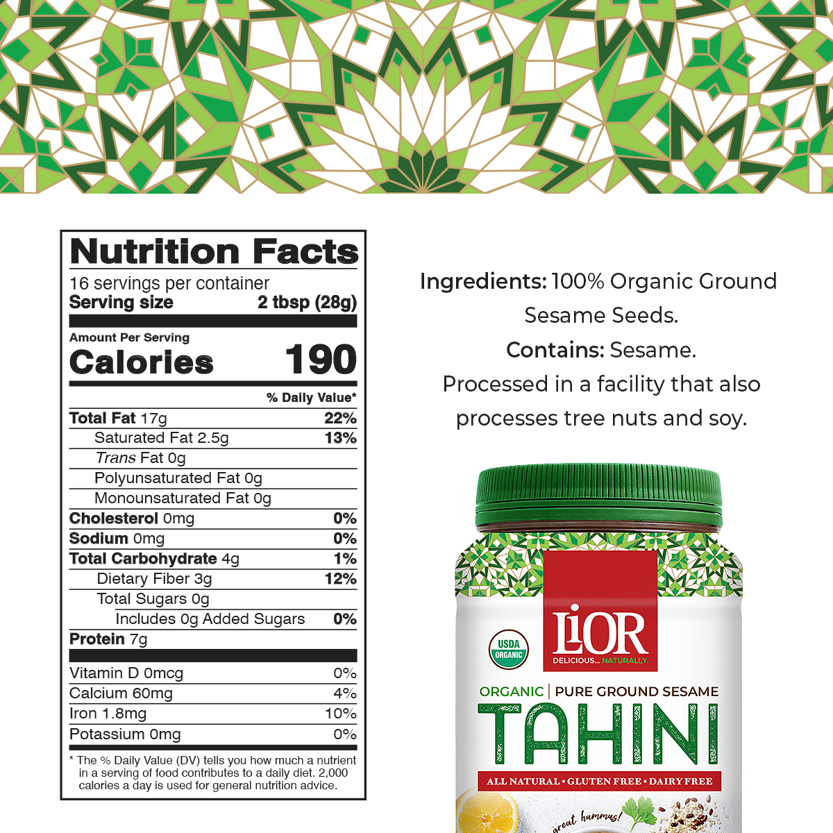 Organic Tahini, Pure Stone Ground Sesame Butter, LiOR