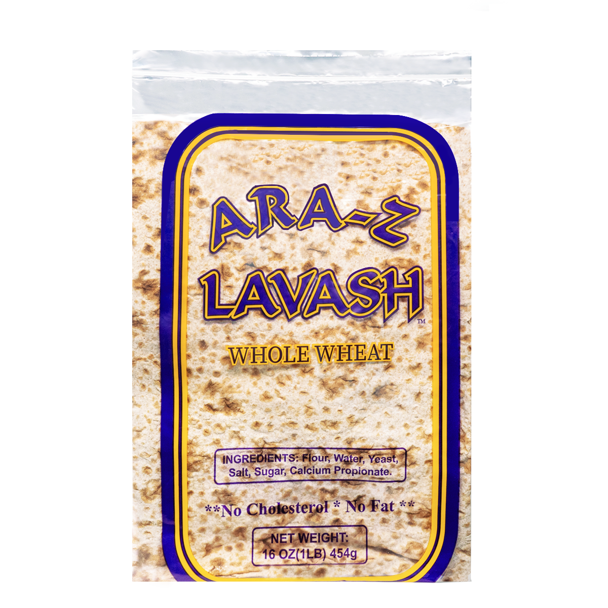 Ara-Z Lavash Whole Wheat flatbread package showing ingredients and claims of no cholesterol or fat.