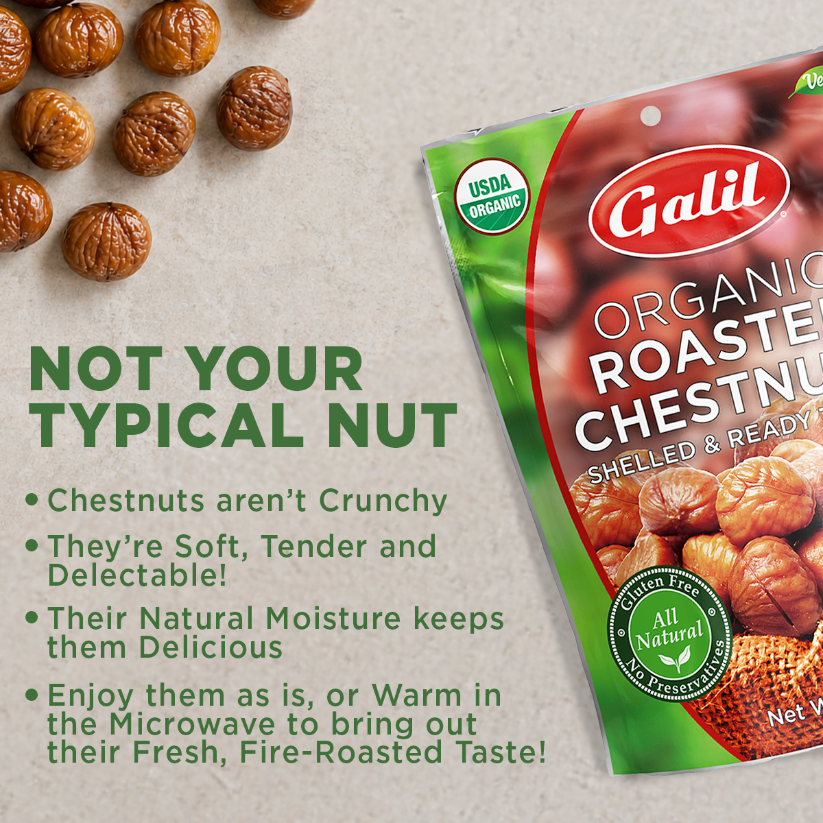Galil Organic Roasted Chestnuts, Peeled & Ready to Eat